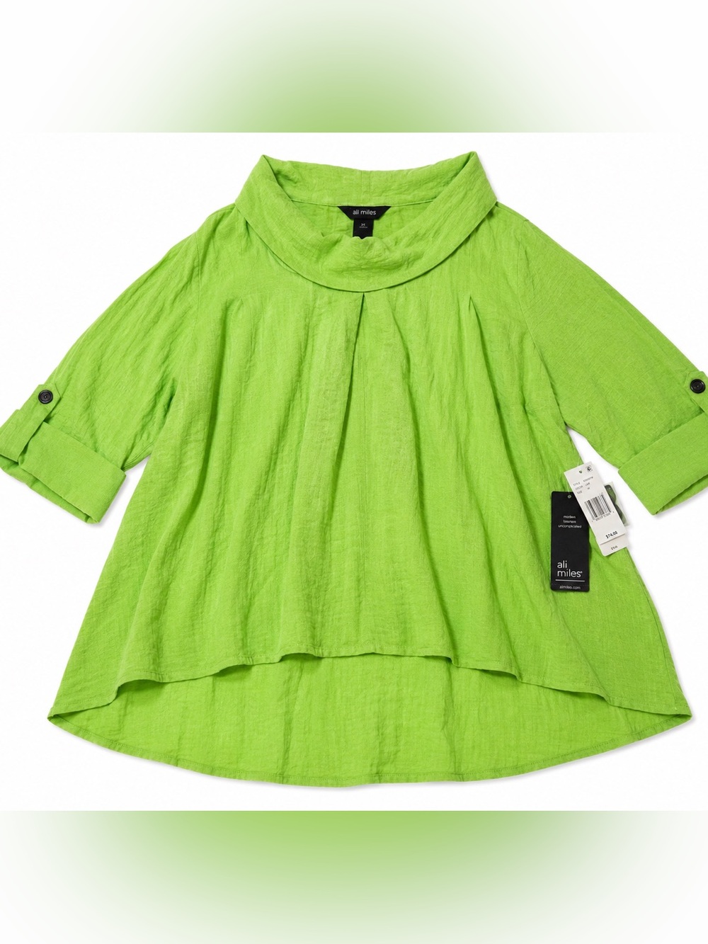 Ali Miles Lime Green Crinkle Tunic Top 3X NWT Lightweight Rayon Blend Oversized